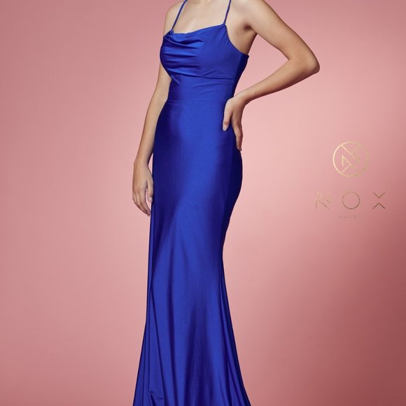 Nox Dresses Cobalt Blue Prom Party Open Back Satin Sheath Long Maxi
